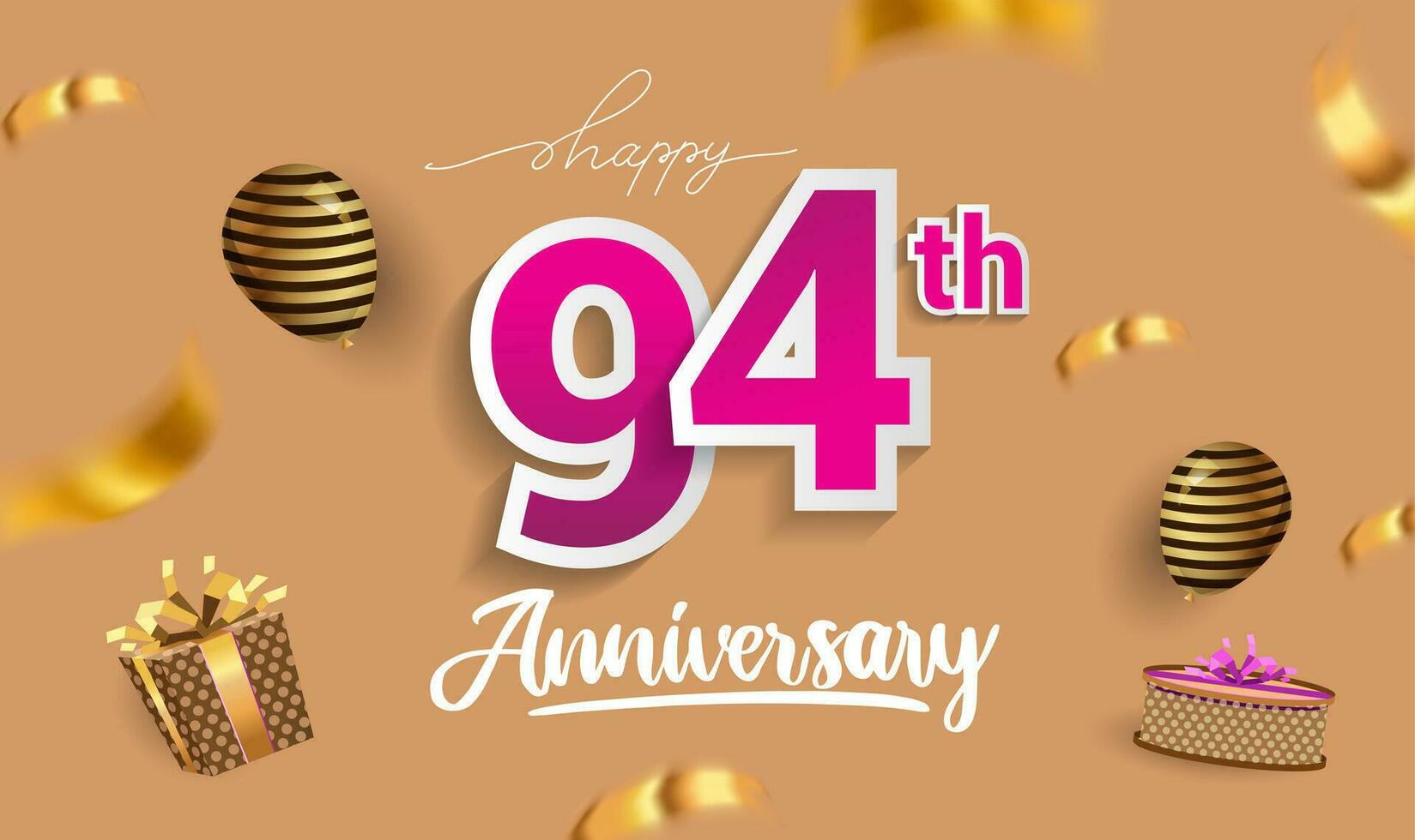 94th Years Anniversary Celebration Design, with gift box and balloons, ribbon, Colorful Vector template elements for your birthday celebrating party.