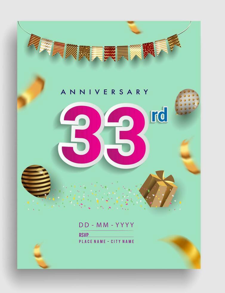 33º años aniversario invitación diseño, con regalo caja y globos, cinta, vistoso vector modelo elementos para cumpleaños celebracion fiesta.