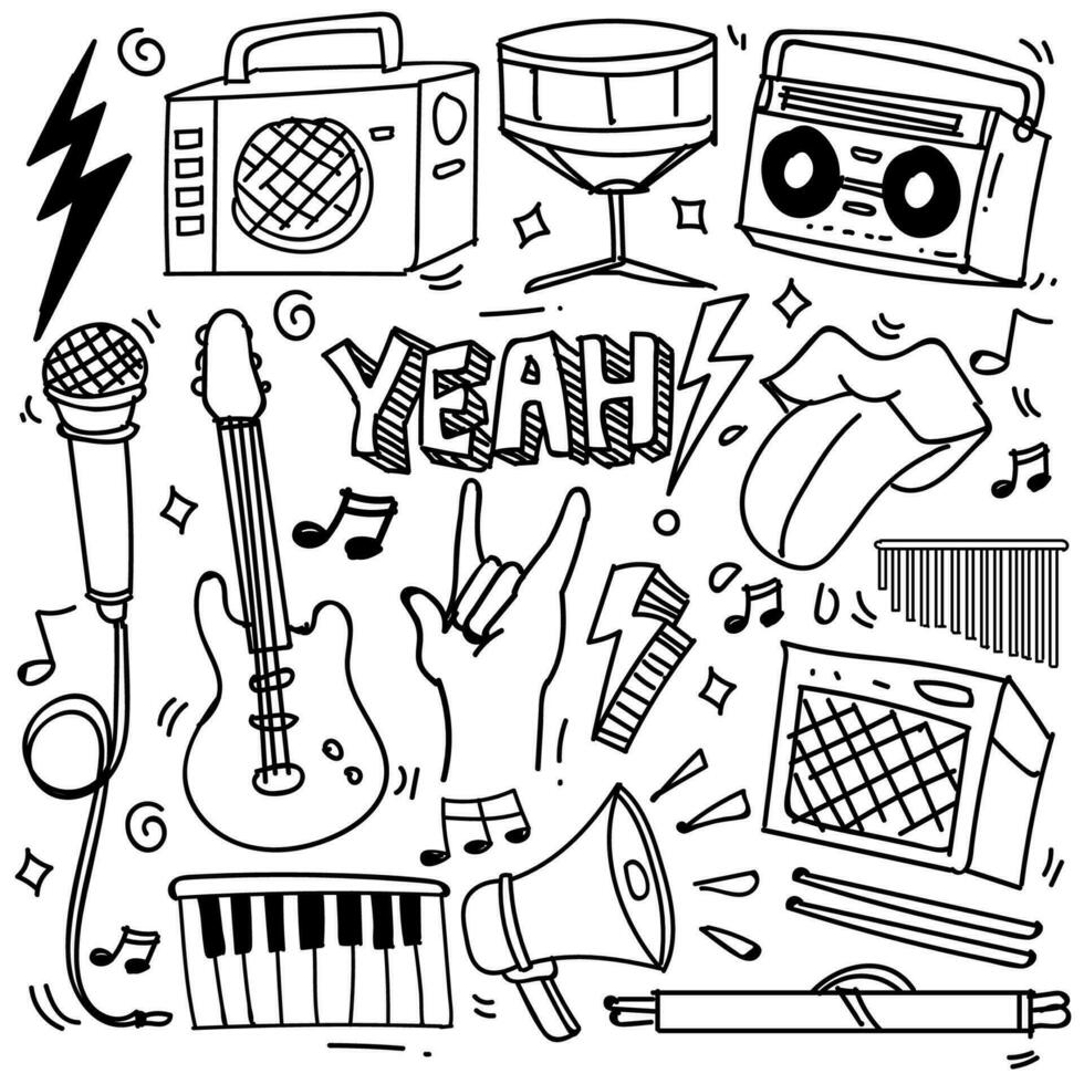 Set of hand drawn music theme isolated on white background, doodle set of Musical Instruments theme. Vector illustration