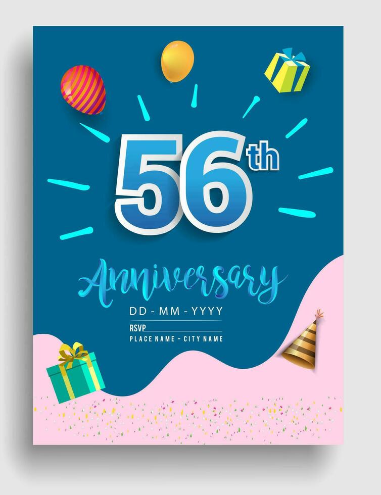 56th Years Anniversary invitation Design, with gift box and balloons, ribbon, Colorful Vector template elements for birthday celebration party.