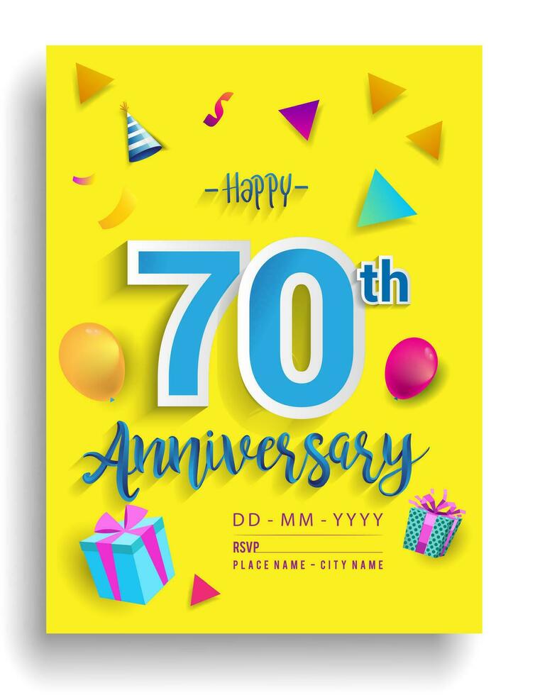 70th Years Anniversary invitation Design, with gift box and balloons, ribbon, Colorful Vector template elements for birthday celebration party.