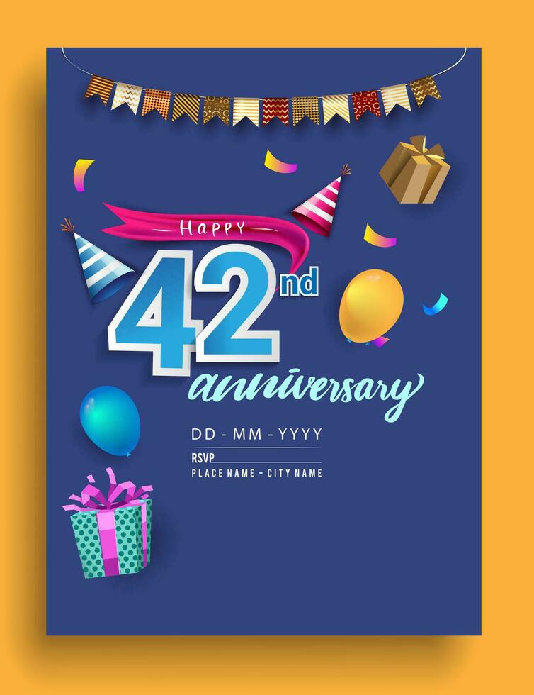 42nd Years Anniversary invitation Design, with gift box and balloons, ribbon, Colorful Vector template elements for birthday celebration party.