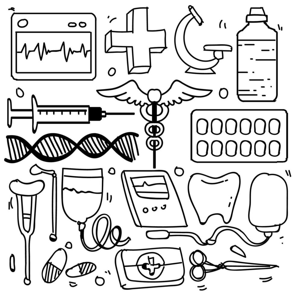 Set of Drawings Healthcare Theme Doodle Collection In White Isolated Background vector