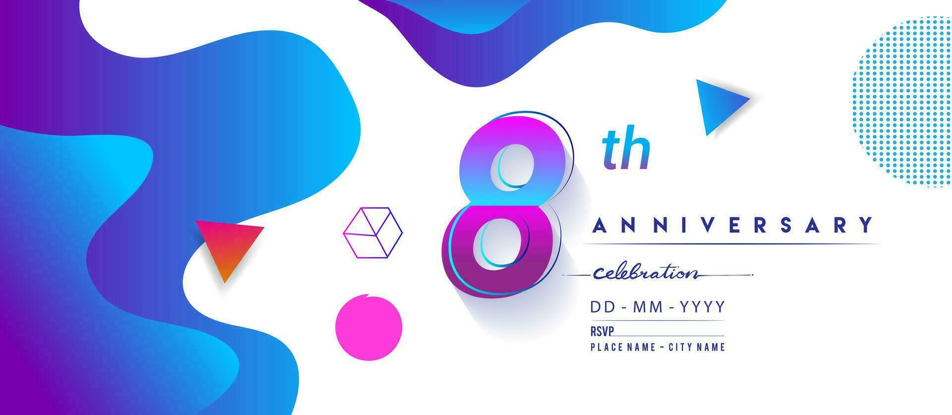 8th years anniversary logo, vector design birthday celebration with colorful geometric background and circles shape.