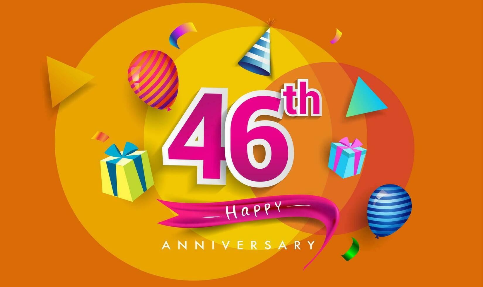 46th Years Anniversary Celebration Design, with gift box and balloons, ribbon, Colorful Vector template elements for your birthday celebrating party.