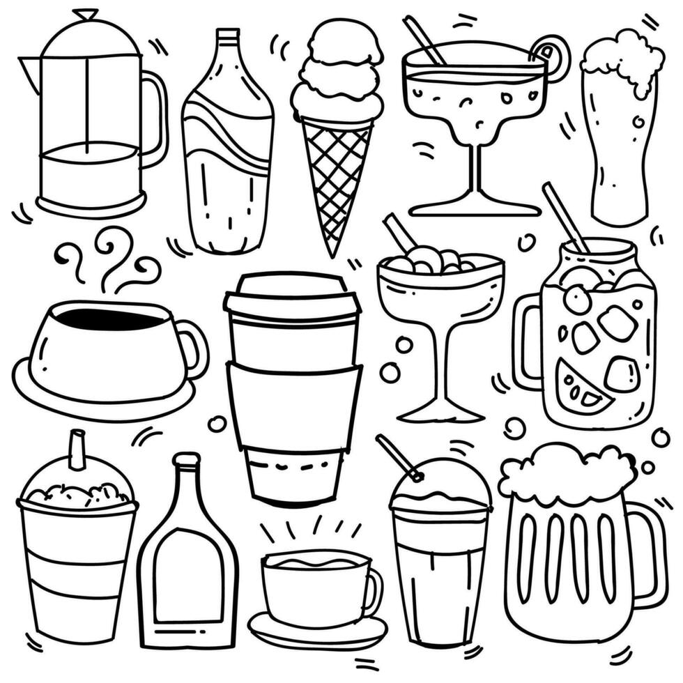 Hand drawn of beverages in doodle style isolated on white background, Vector hand drawn set beverages theme. Vector illustration