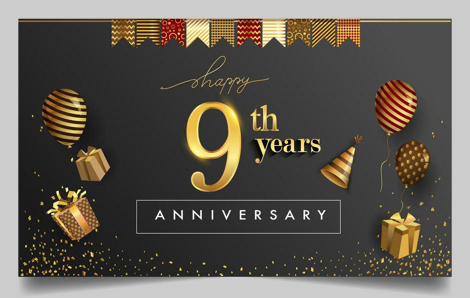 50th years anniversary design for greeting cards and invitation, with balloon, confetti and gift box, elegant design with gold and dark color, design template for birthday celebration. vector