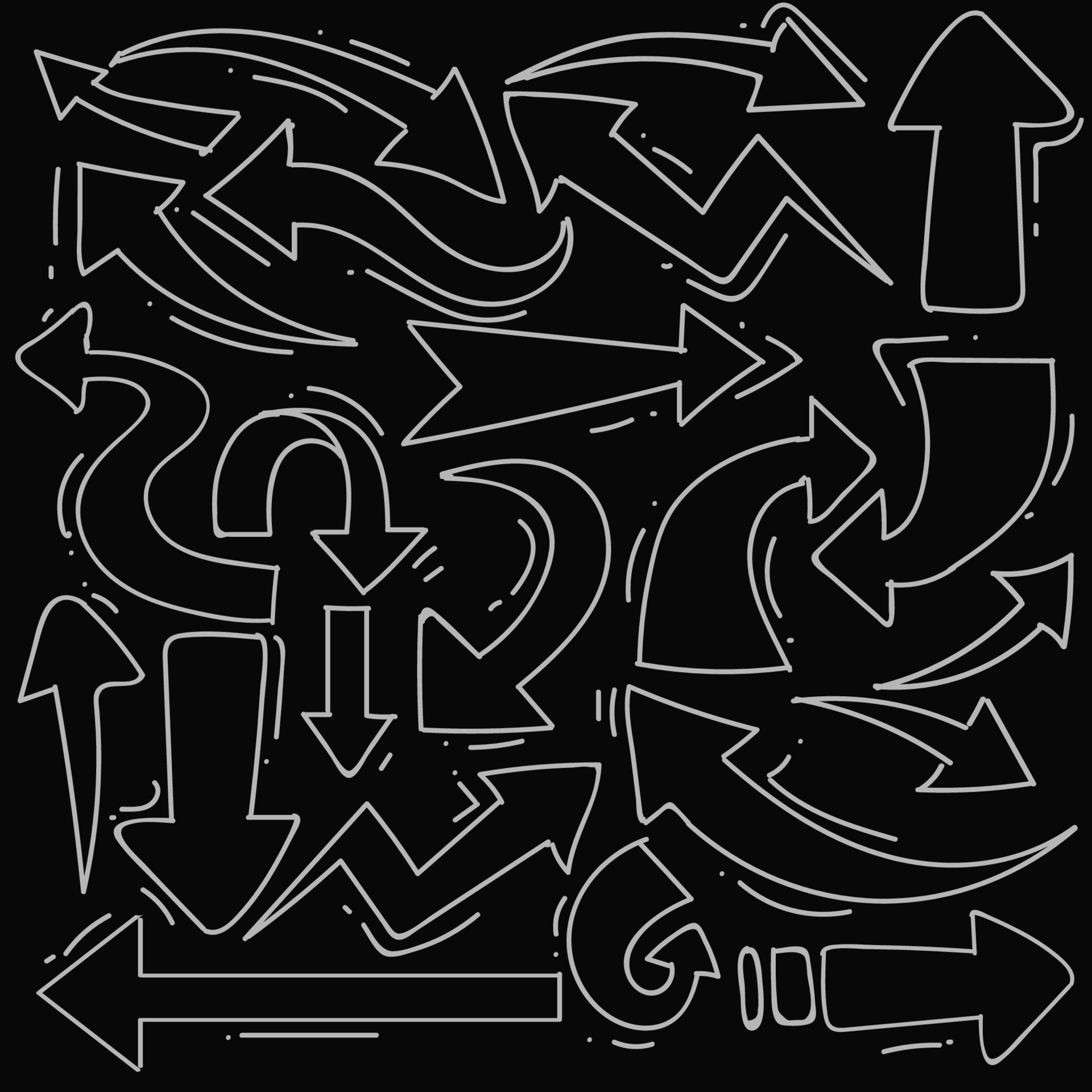 Set of arrow in doodle style isolated on black background, Vector hand ...