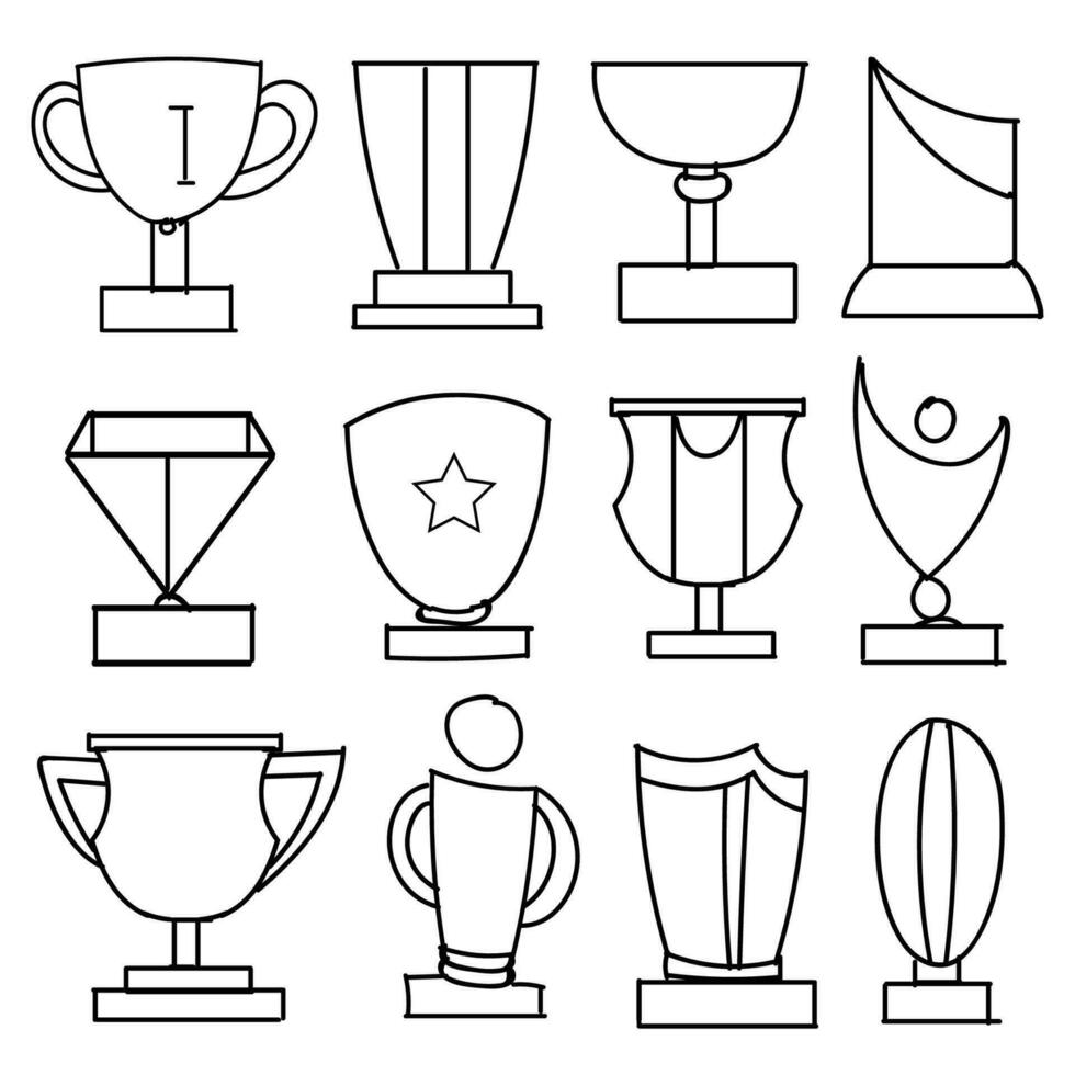 Set of Drawings Winner Trophy Theme Doodle Collection In White Isolated Background vector