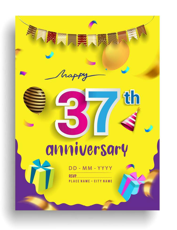 37º años aniversario invitación diseño, con regalo caja y globos, cinta, vistoso vector modelo elementos para cumpleaños celebracion fiesta.
