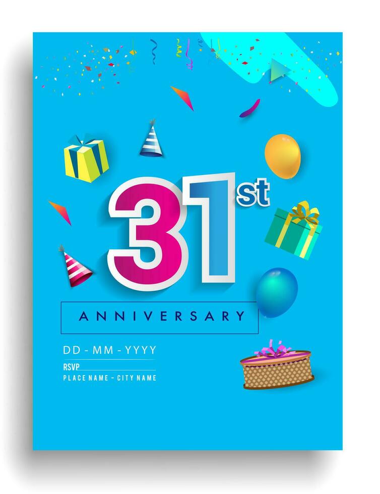 31st Years Anniversary invitation Design, with gift box and balloons, ribbon, Colorful Vector template elements for birthday celebration party.