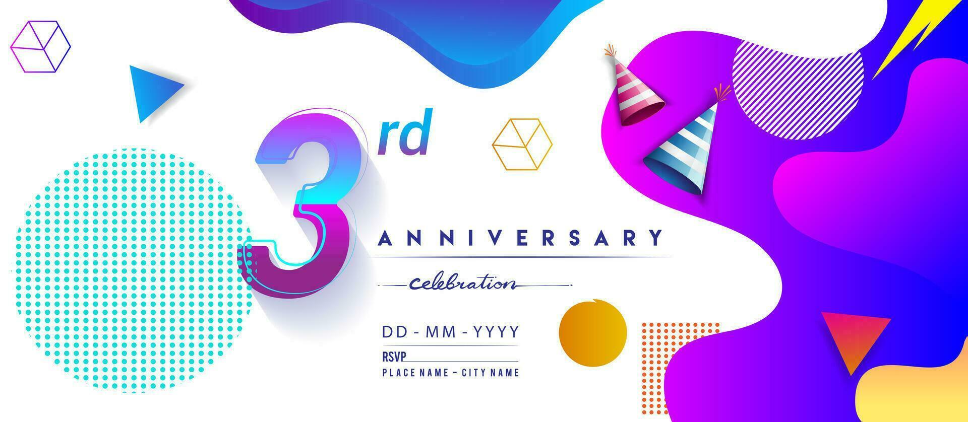 3rd years anniversary logo, vector design birthday celebration with colorful geometric background and circles shape.