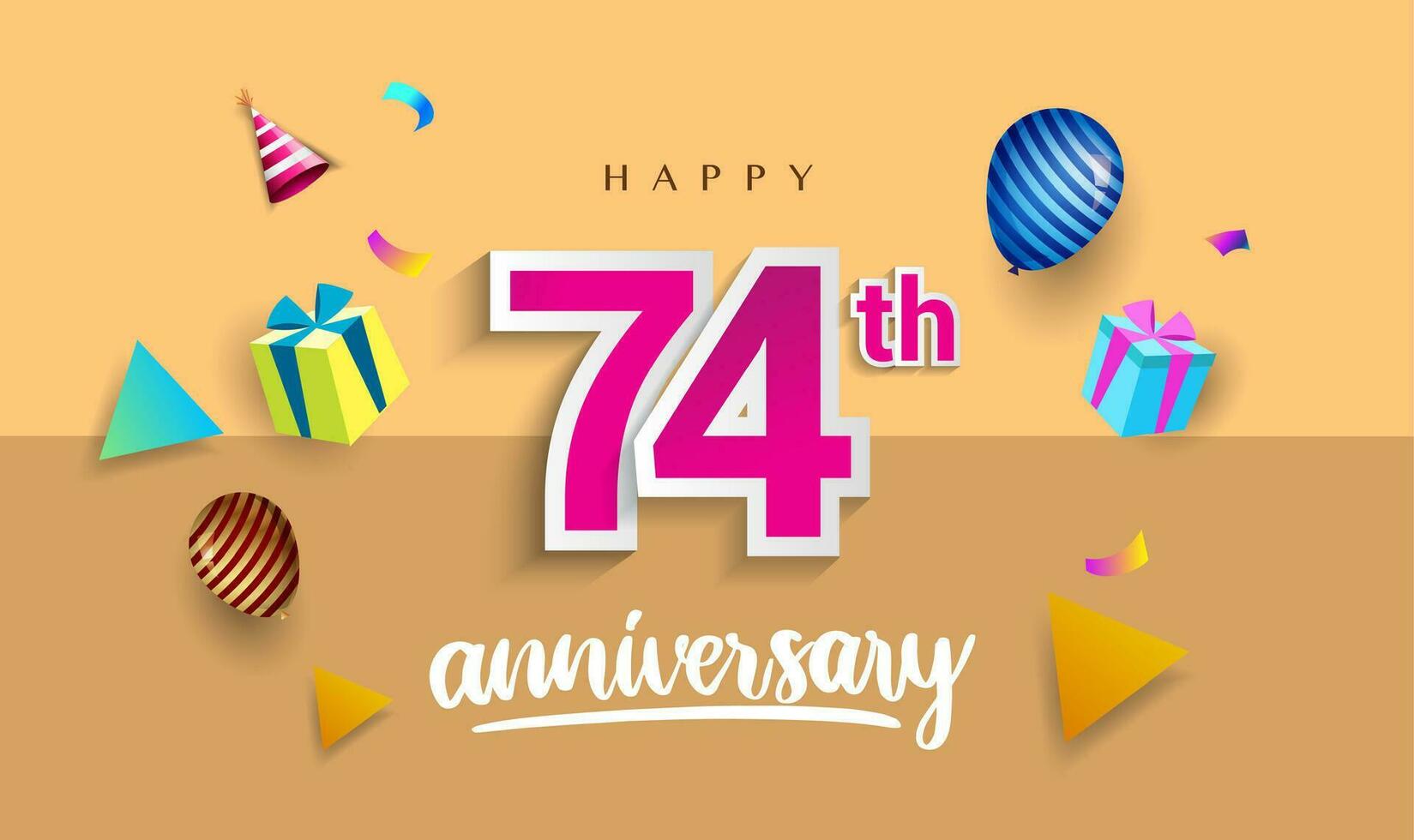 74th Years Anniversary Celebration Design, with gift box and balloons, ribbon, Colorful Vector template elements for your birthday celebrating party.
