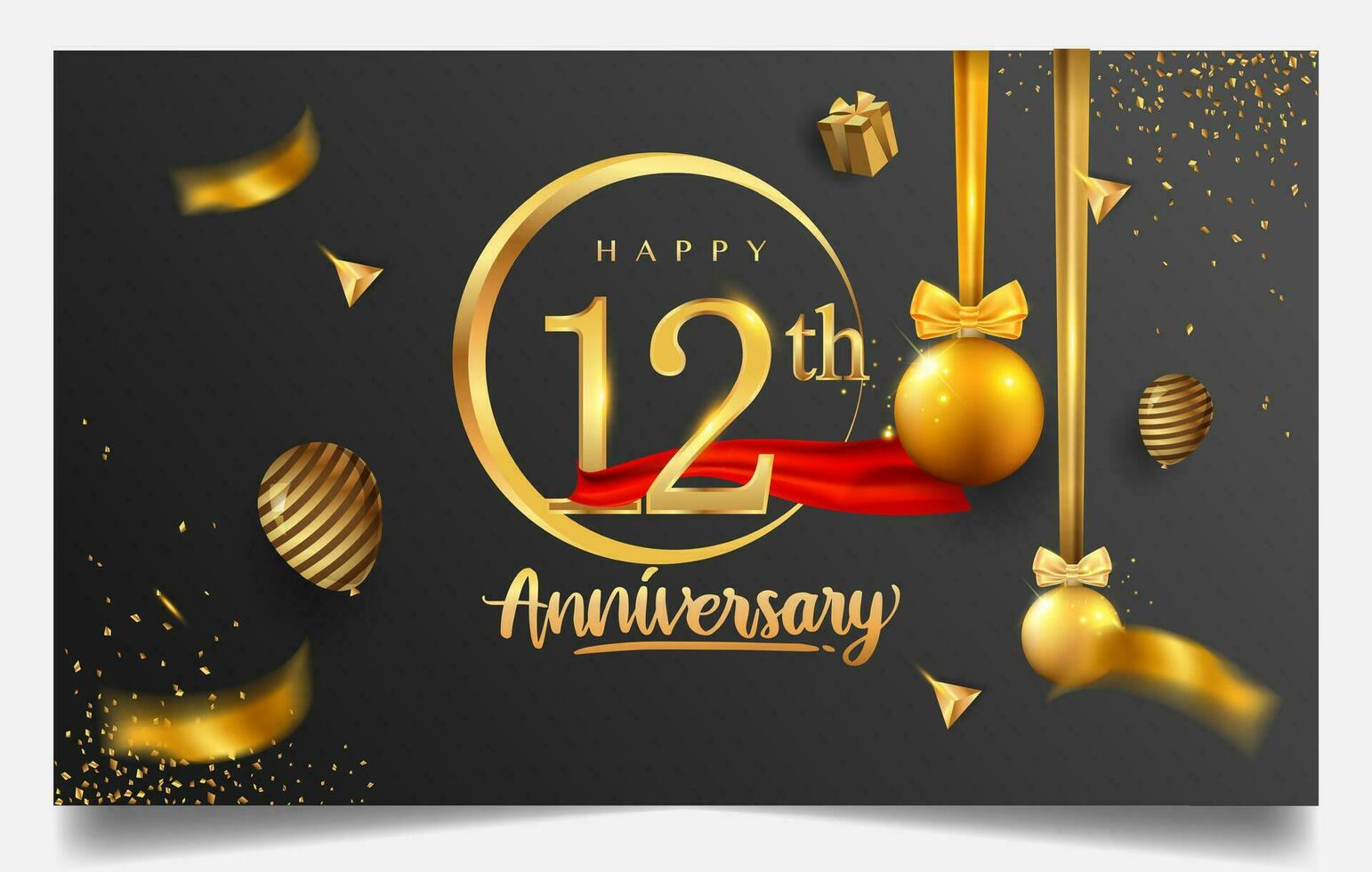 50th years anniversary design for greeting cards and invitation, with balloon, confetti and gift box, elegant design with gold and dark color, design template for birthday celebration. vector