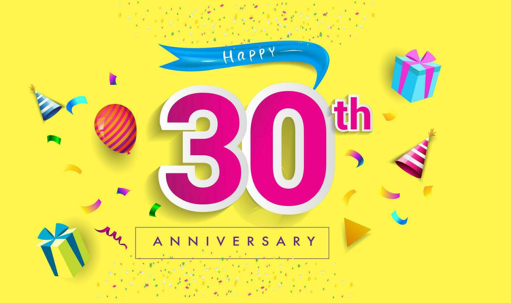 30th Years Anniversary Celebration Design, with gift box and balloons, ribbon, Colorful Vector template elements for your birthday celebrating party.