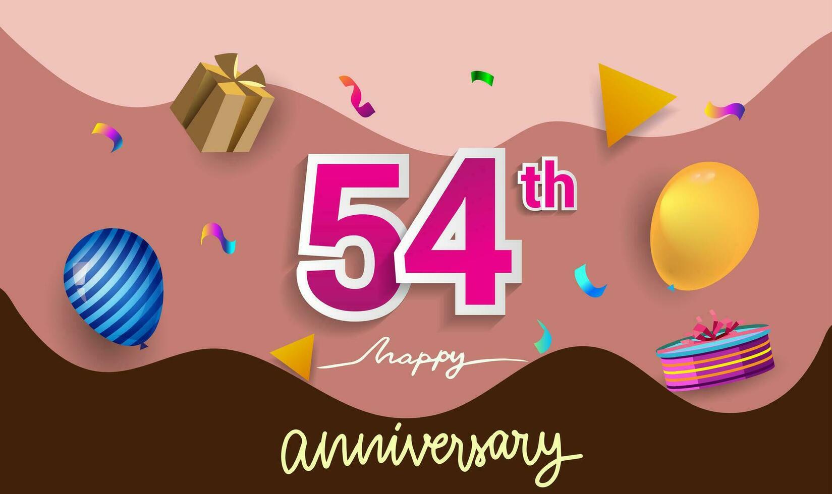 54th Years Anniversary Celebration Design, with gift box and balloons, ribbon, Colorful Vector template elements for your birthday celebrating party.