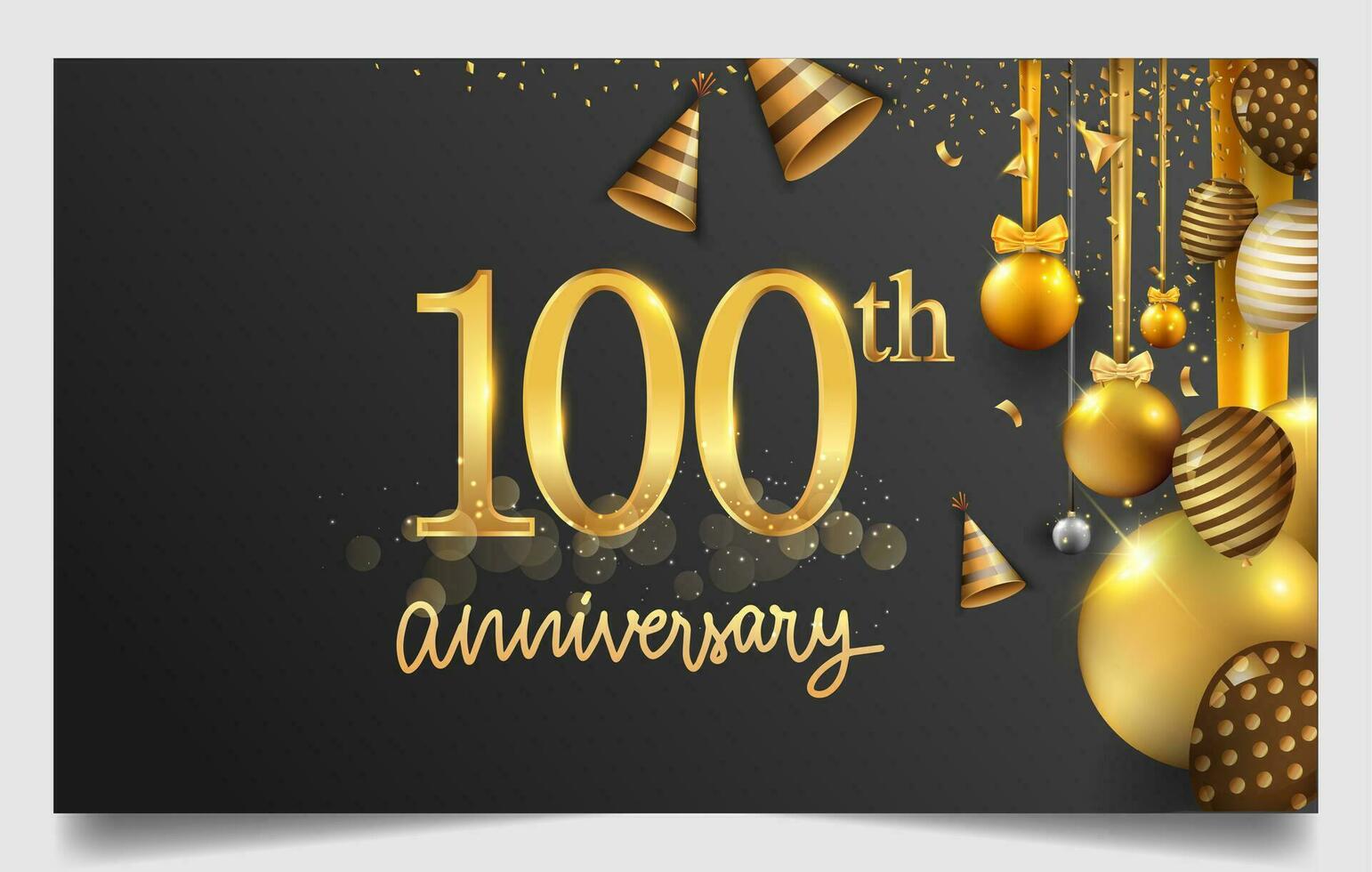100th years anniversary design for greeting cards and invitation, with balloon, confetti and gift box, elegant design with gold and dark color, design template for birthday celebration vector