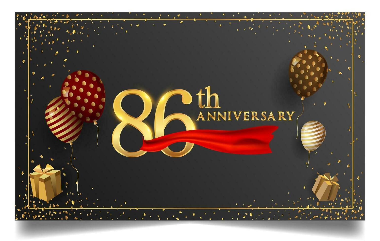 80th years anniversary design for greeting cards and invitation, with balloon, confetti and gift box, elegant design with gold and dark color, design template for birthday celebration. vector