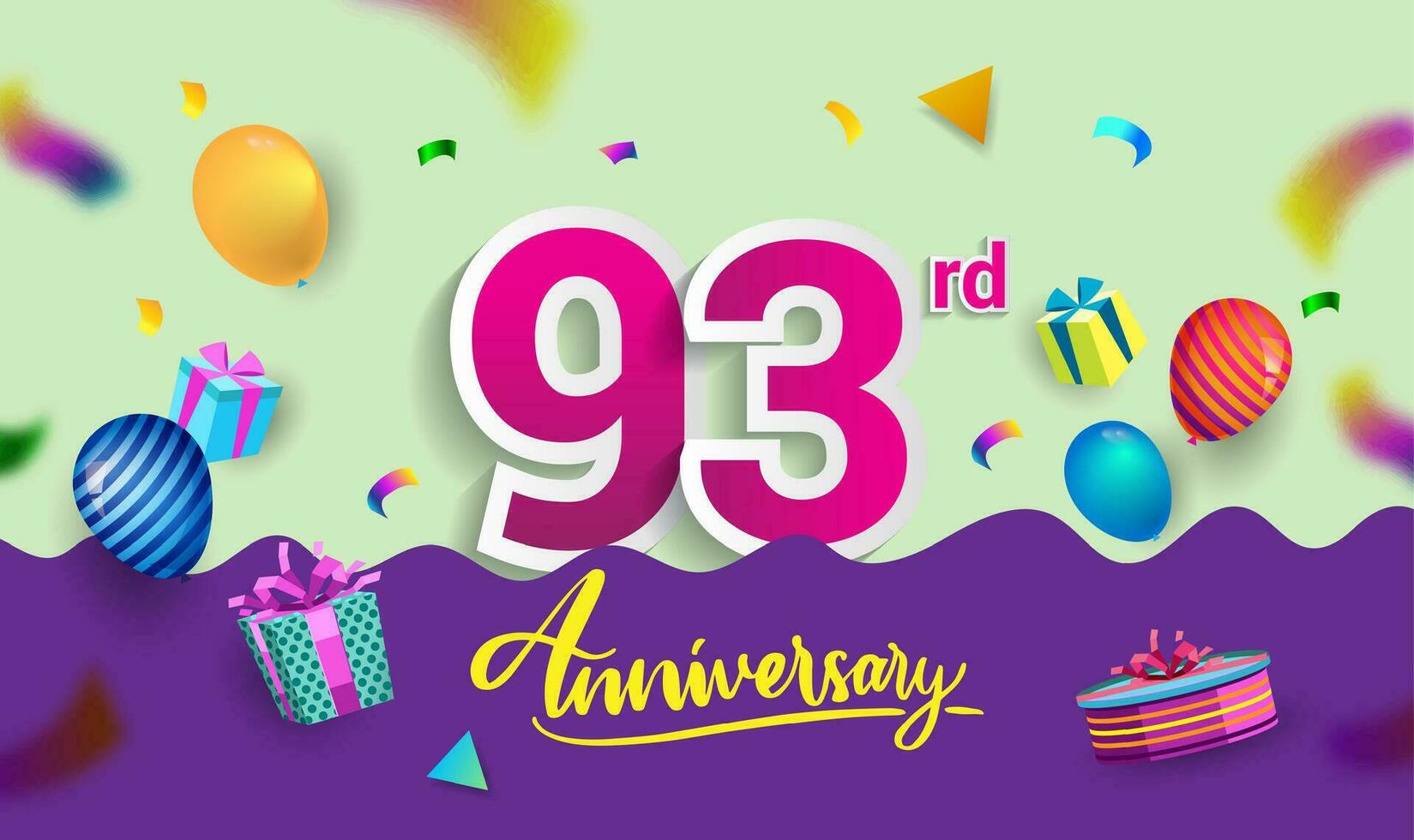 93rd Years Anniversary Celebration Design, with gift box and balloons, ribbon, Colorful Vector template elements for your birthday celebrating party.