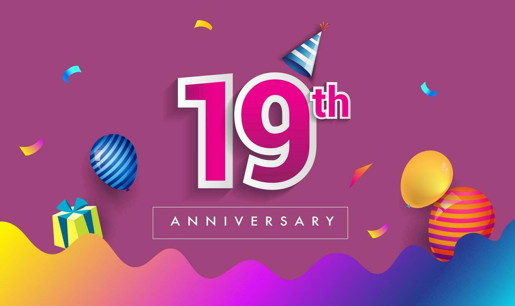19th Years Anniversary Celebration Design, with gift box and balloons, ribbon, Colorful Vector template elements for your birthday celebrating party.