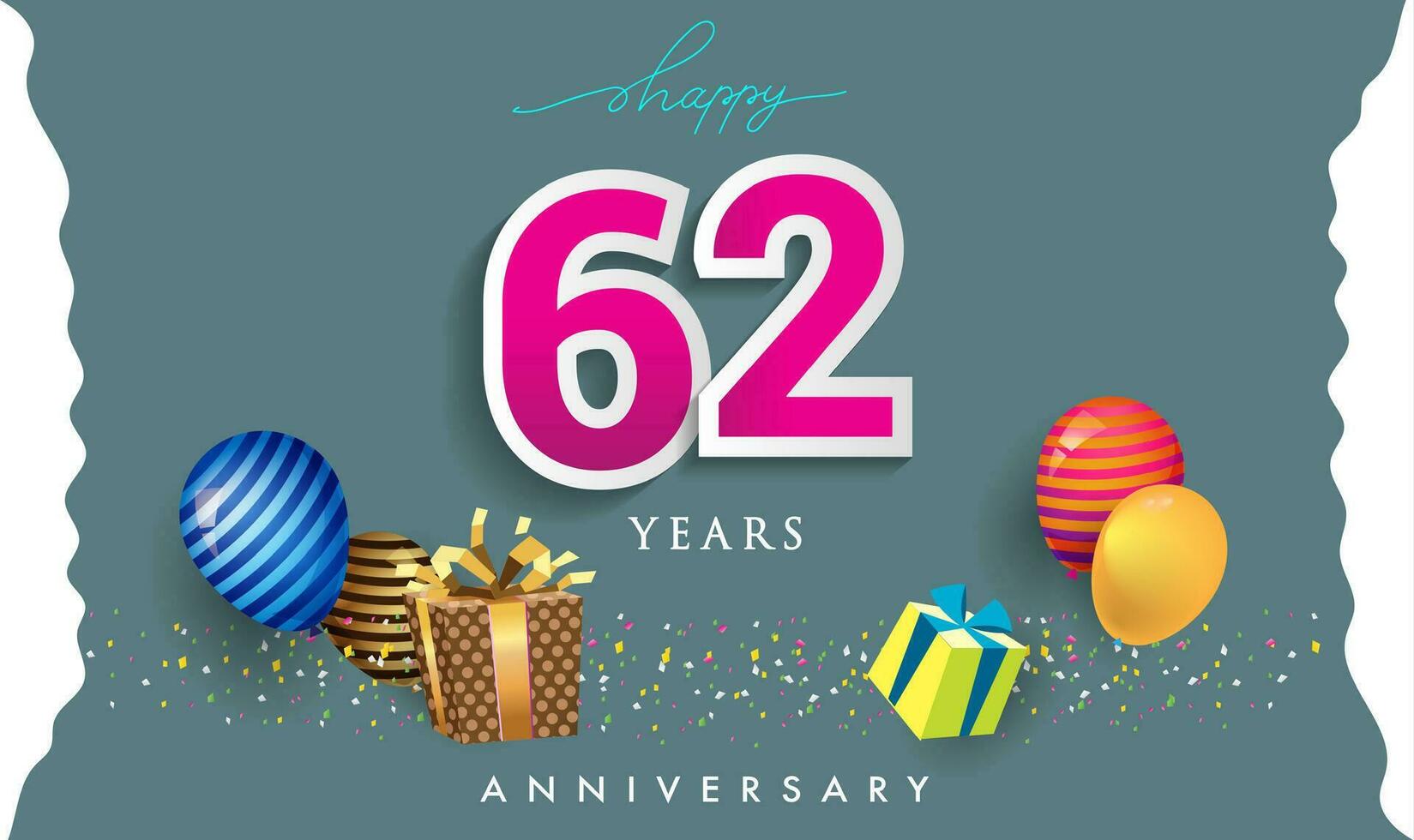 62nd Years Anniversary Celebration Design, with gift box and balloons, ribbon, Colorful Vector template elements for your birthday celebrating party.