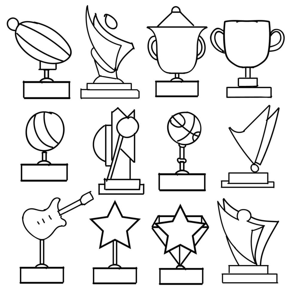 Set of Drawings Winner Trophy Theme Doodle Collection In White Isolated Background vector