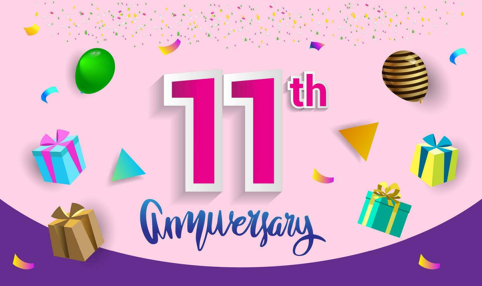 11th Years Anniversary Celebration Design, with gift box and balloons, ribbon, Colorful Vector template elements for your birthday celebrating party.