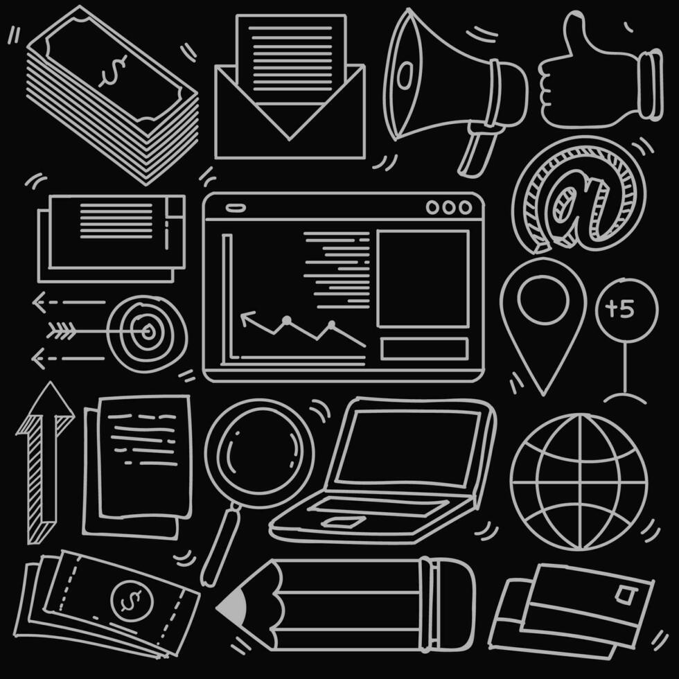 Set of business theme in doodle style isolated on black background, Vector hand drawn set business theme. Vector illustration