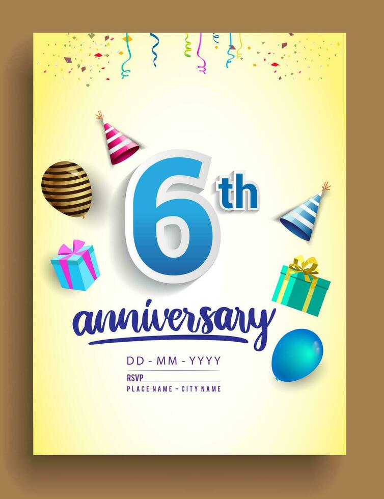 10th Years Anniversary invitation Design, with gift box and balloons, ribbon, Colorful Vector template elements for birthday celebration party.