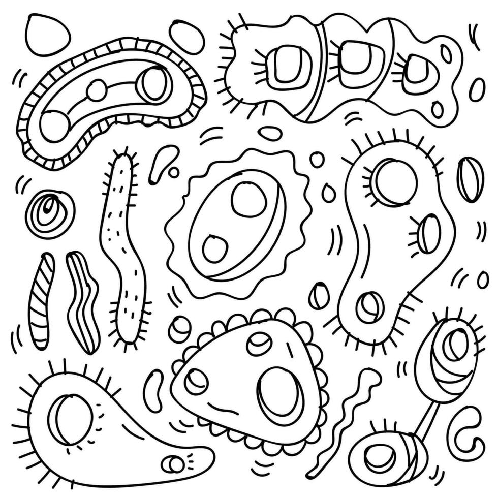 Doodle Bacteria And Virus Theme Doodle Collection In White Isolated Background, Hand-drawn Bacteria And Virus Theme. vector