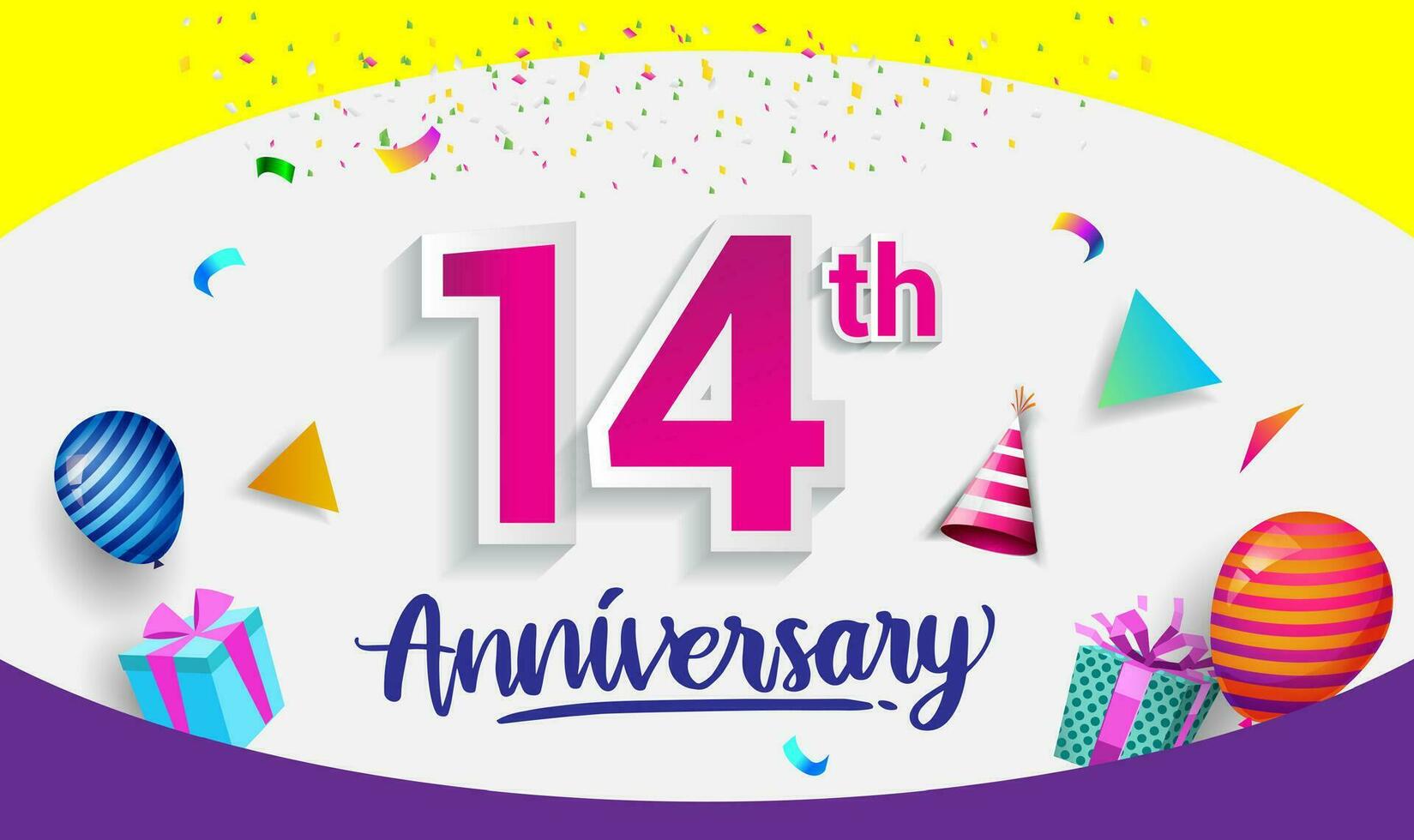 14th Years Anniversary Celebration Design, with gift box and balloons, ribbon, Colorful Vector template elements for your birthday celebrating party.