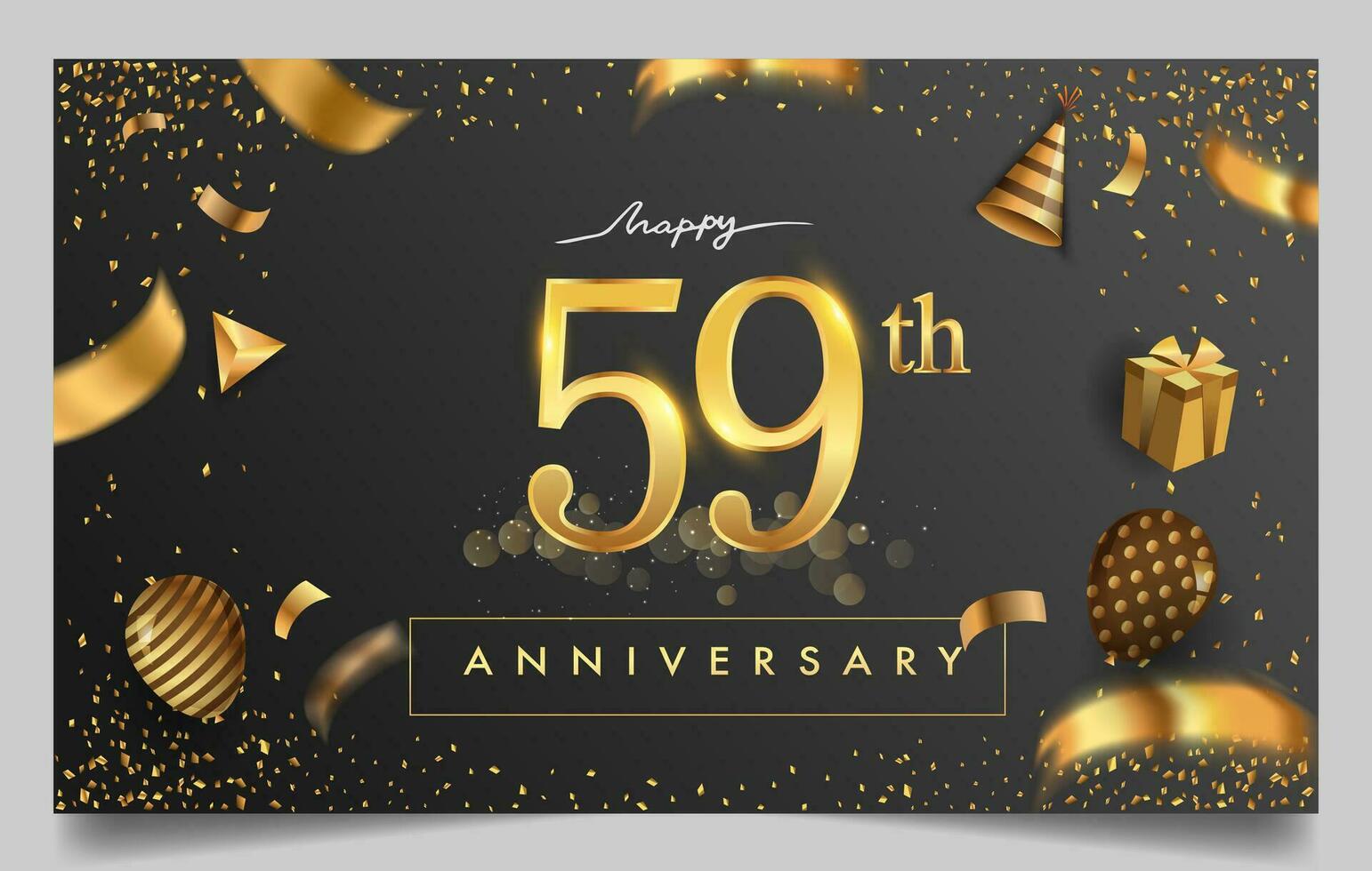 50th years anniversary design for greeting cards and invitation, with balloon, confetti and gift box, elegant design with gold and dark color, design template for birthday celebration. vector