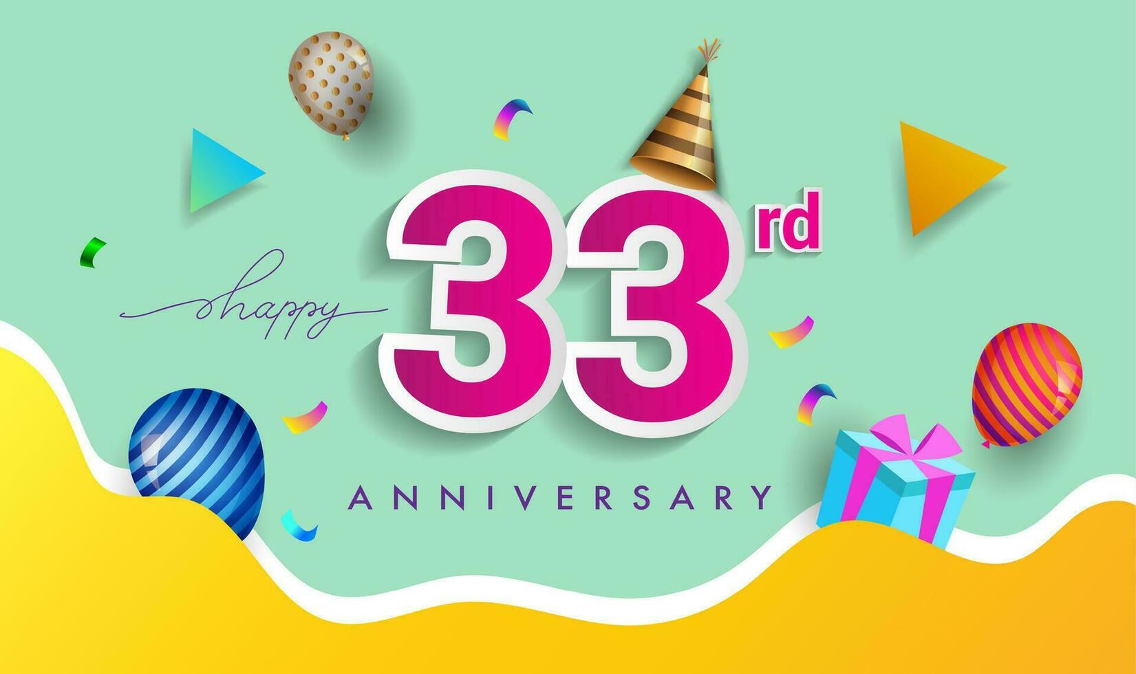 33rd Years Anniversary Celebration Design, with gift box and balloons, ribbon, Colorful Vector template elements for your birthday celebrating party.