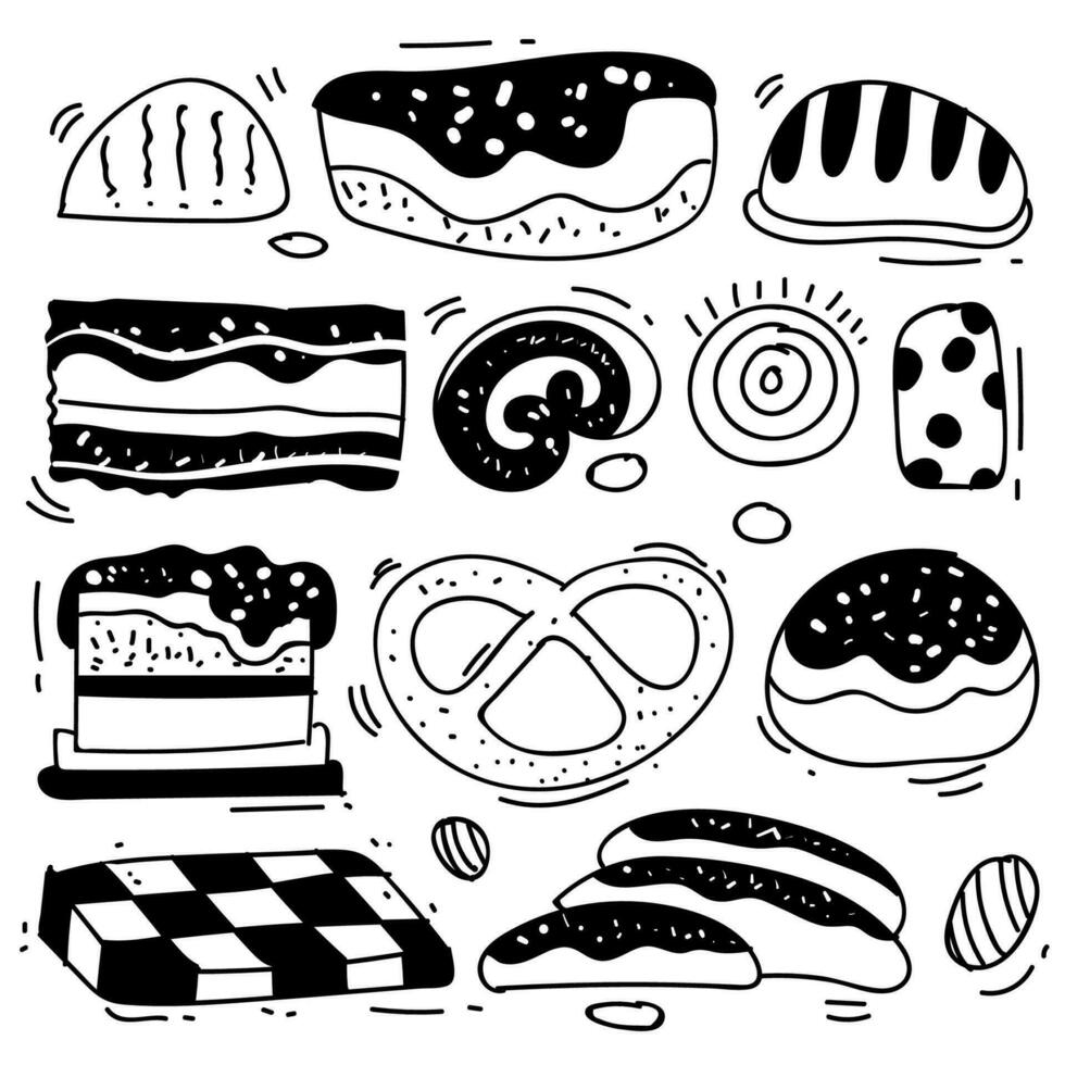 Set of drawings on the theme cakes. Cakes, pies, bread, biscuits and other confectionery products. vector illustration