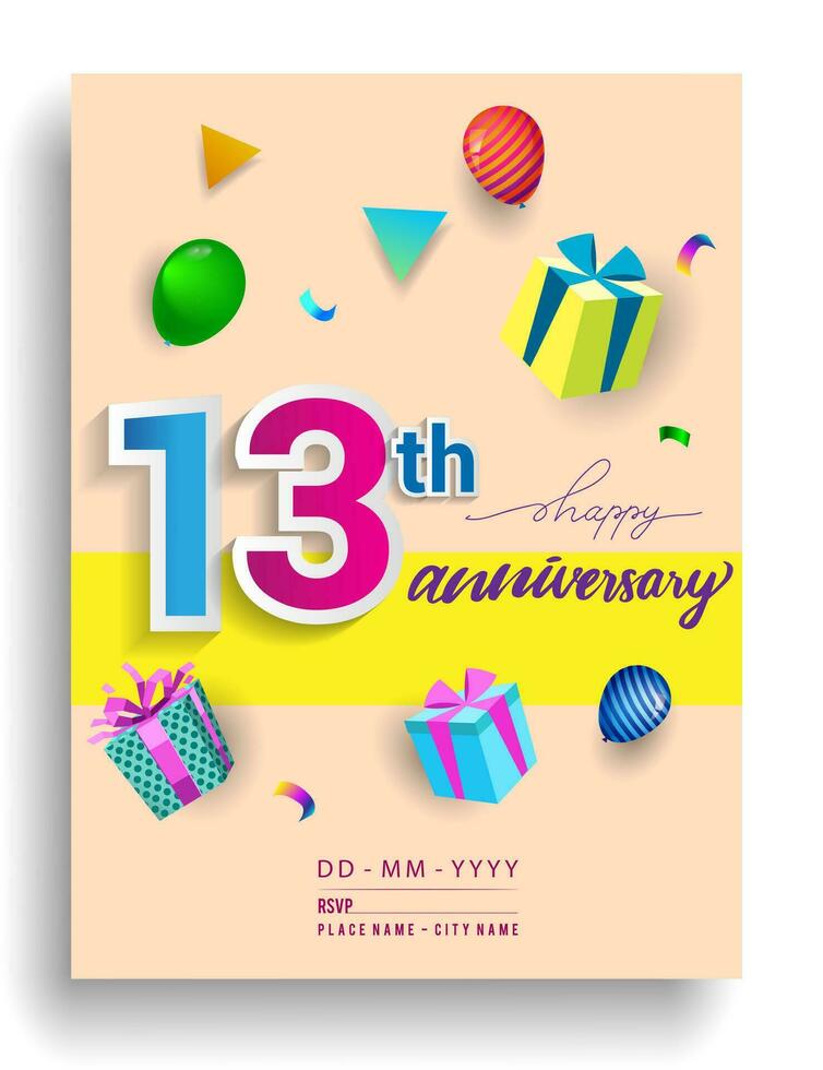 10th Years Anniversary invitation Design, with gift box and balloons, ribbon, Colorful Vector template elements for birthday celebration party.