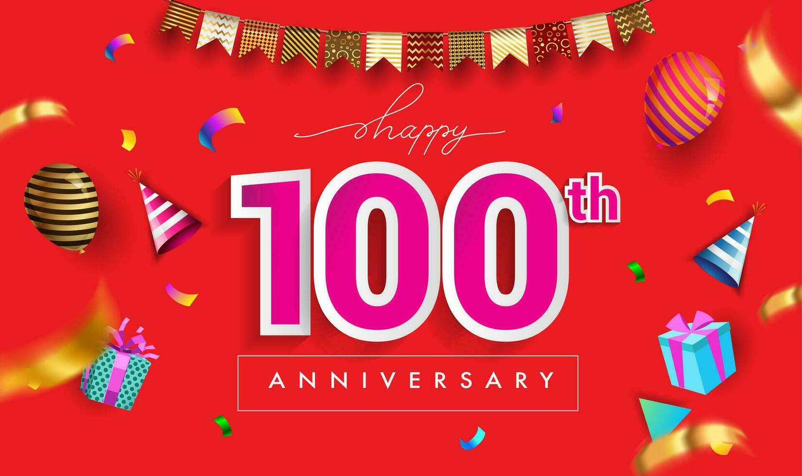 100th Years Anniversary Celebration Design, with gift box and balloons, ribbon, Colorful Vector template elements for your birthday celebrating party.