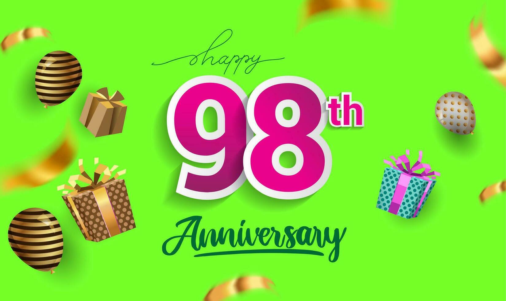 98th Years Anniversary Celebration Design, with gift box and balloons, ribbon, Colorful Vector template elements for your birthday celebrating party.