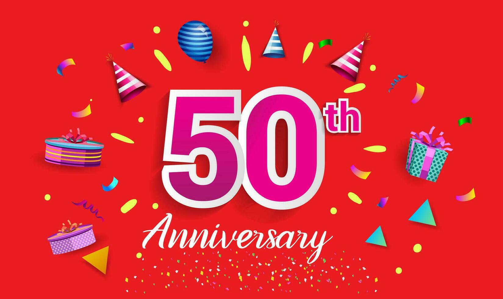 50th Years Anniversary Celebration Design, with gift box and balloons, ribbon, Colorful Vector template elements for your birthday celebrating party.