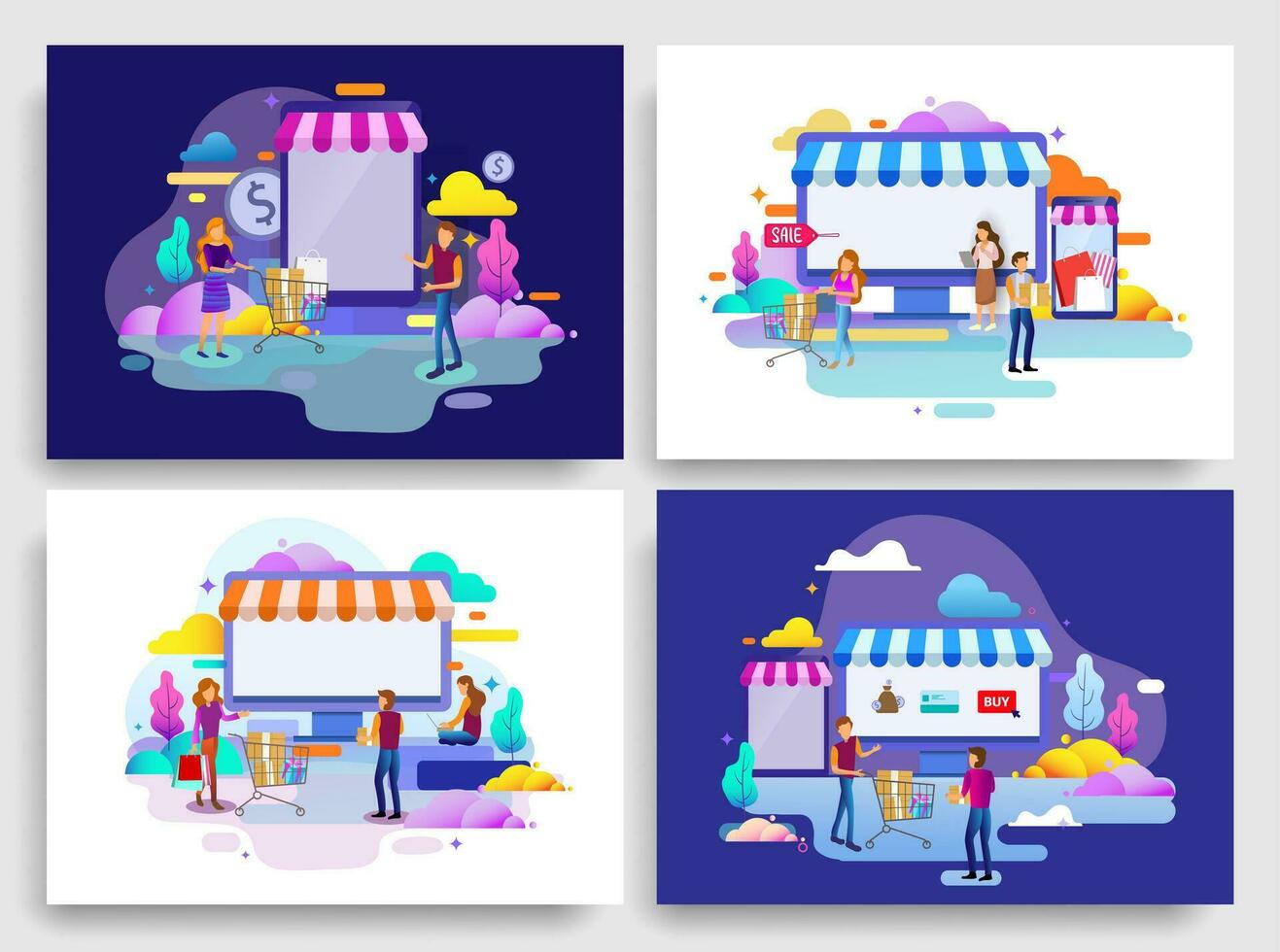 Set of Landing page design concept of online shop and ecommerce, business strategy and Shopping Online vector