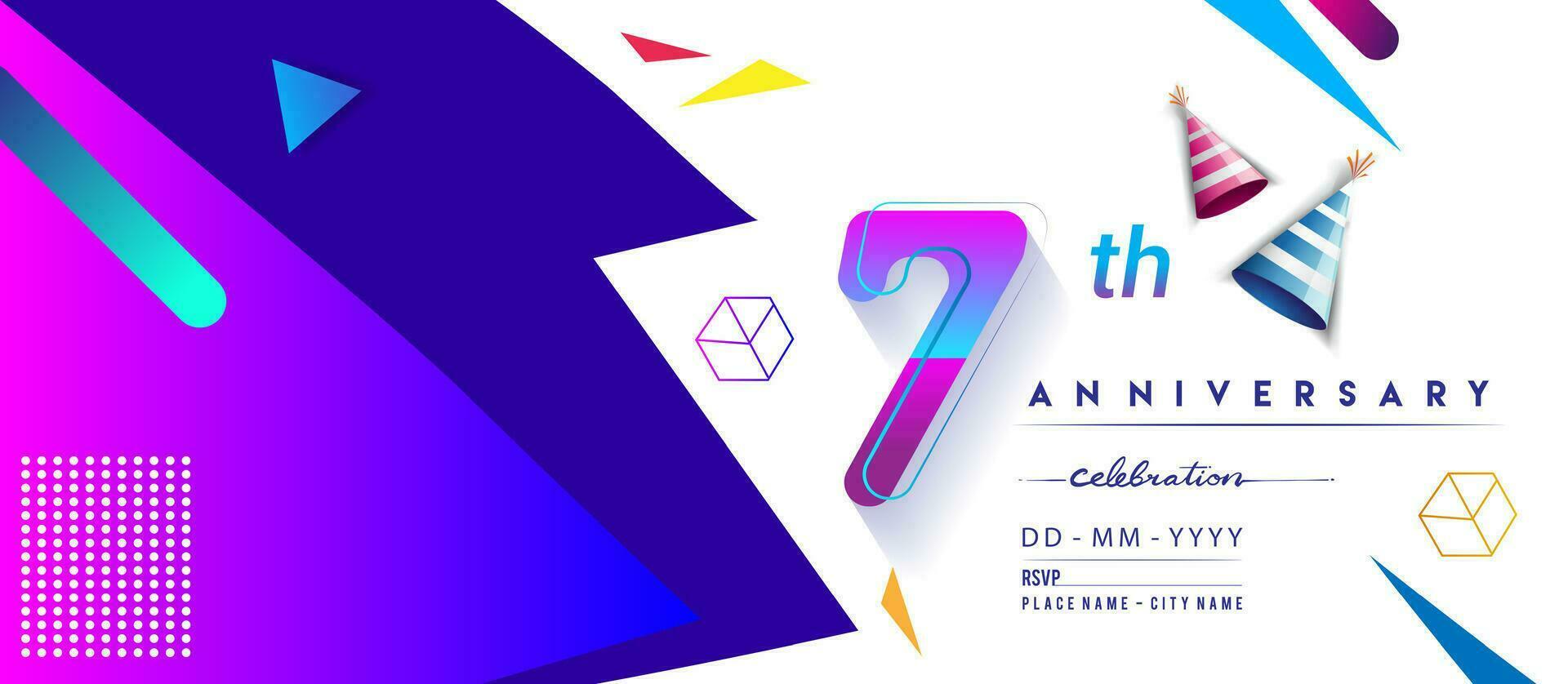 7th years anniversary logo, vector design birthday celebration with colorful geometric background and circles shape.