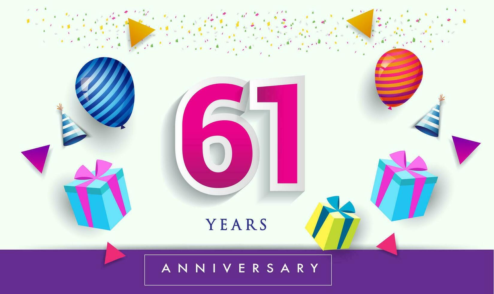61º años aniversario celebracion diseño, con regalo caja y globos, cinta, vistoso vector modelo elementos para tu cumpleaños celebrando fiesta.