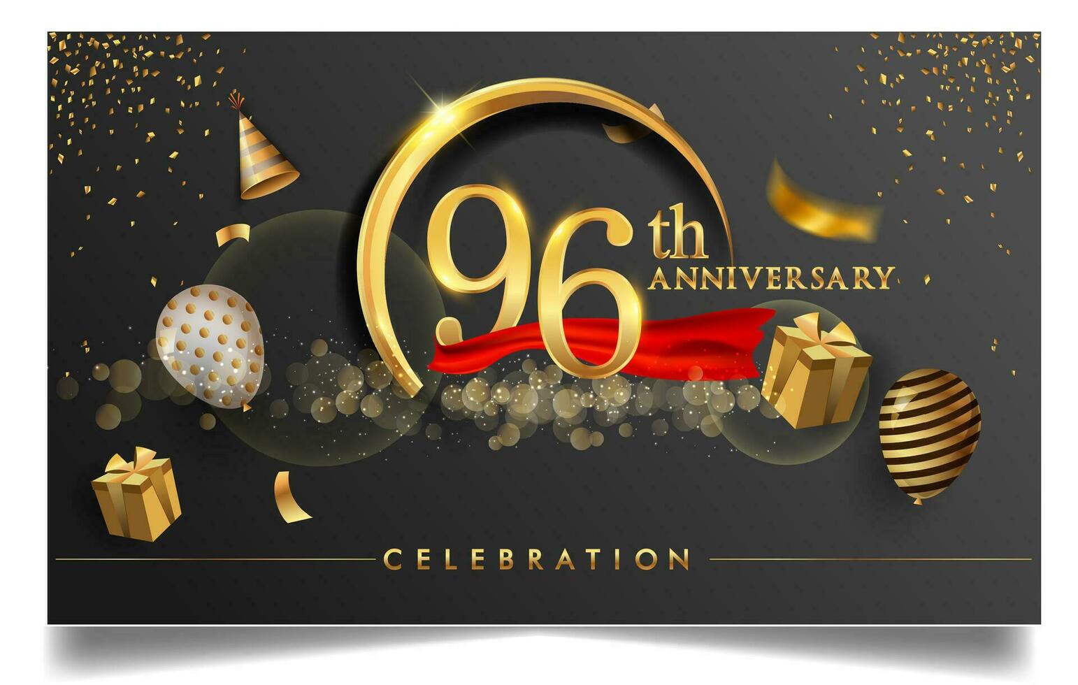 90th years anniversary design for greeting cards and invitation, with balloon, confetti and gift box, elegant design with gold and dark color, design template for birthday celebration. vector