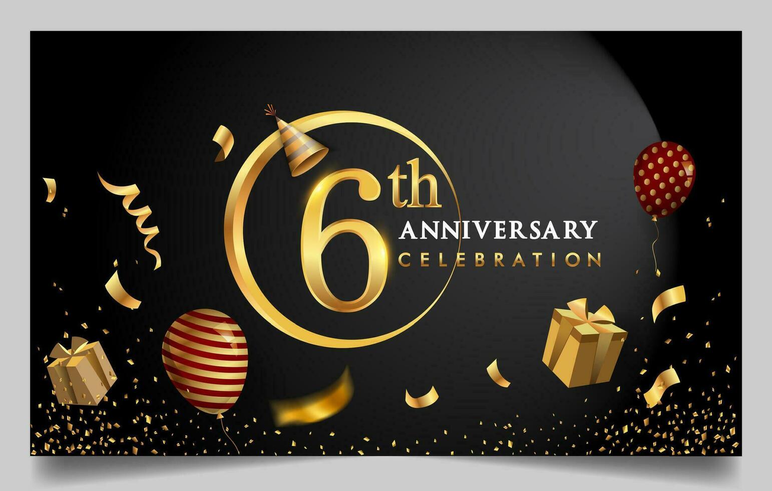50th years anniversary design for greeting cards and invitation, with balloon, confetti and gift box, elegant design with gold and dark color, design template for birthday celebration. vector