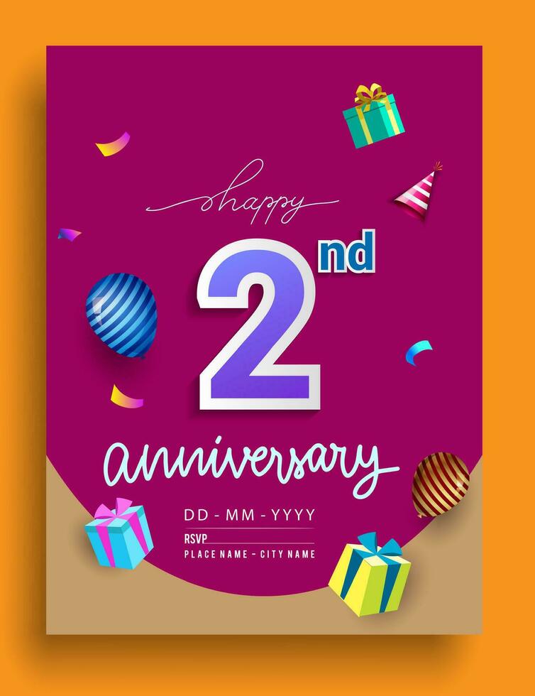 2do años aniversario invitación diseño, con regalo caja y globos, cinta, vistoso vector modelo elementos para cumpleaños celebracion fiesta.