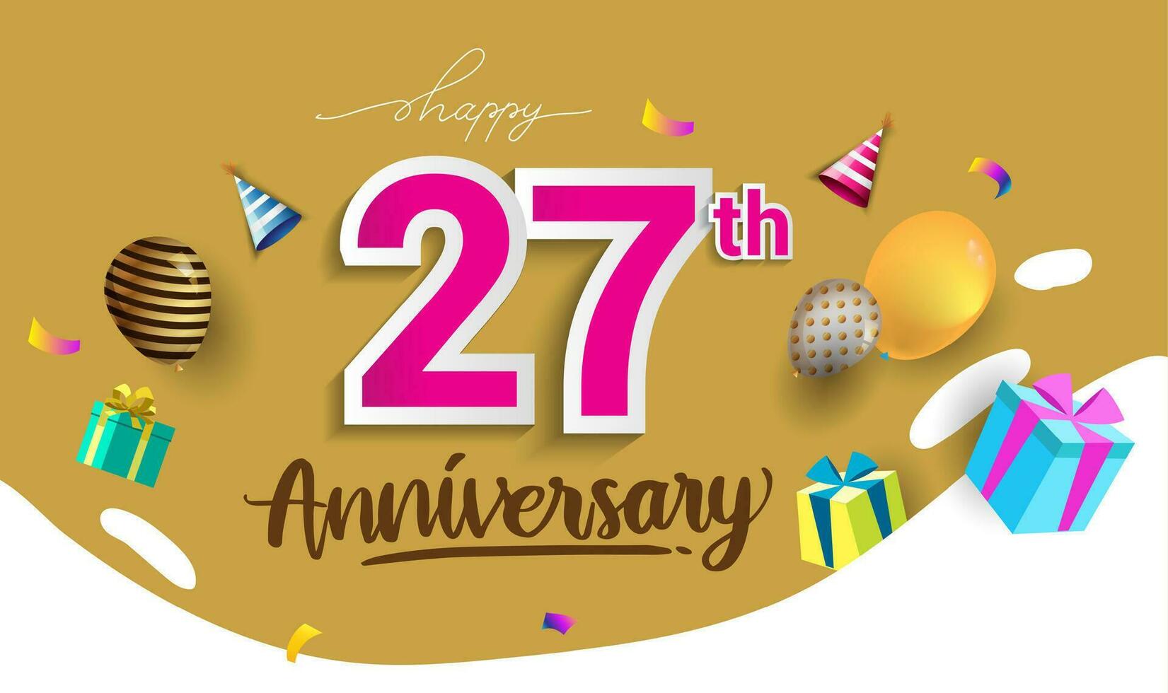 27th Years Anniversary Celebration Design, with gift box and balloons, ribbon, Colorful Vector template elements for your birthday celebrating party.