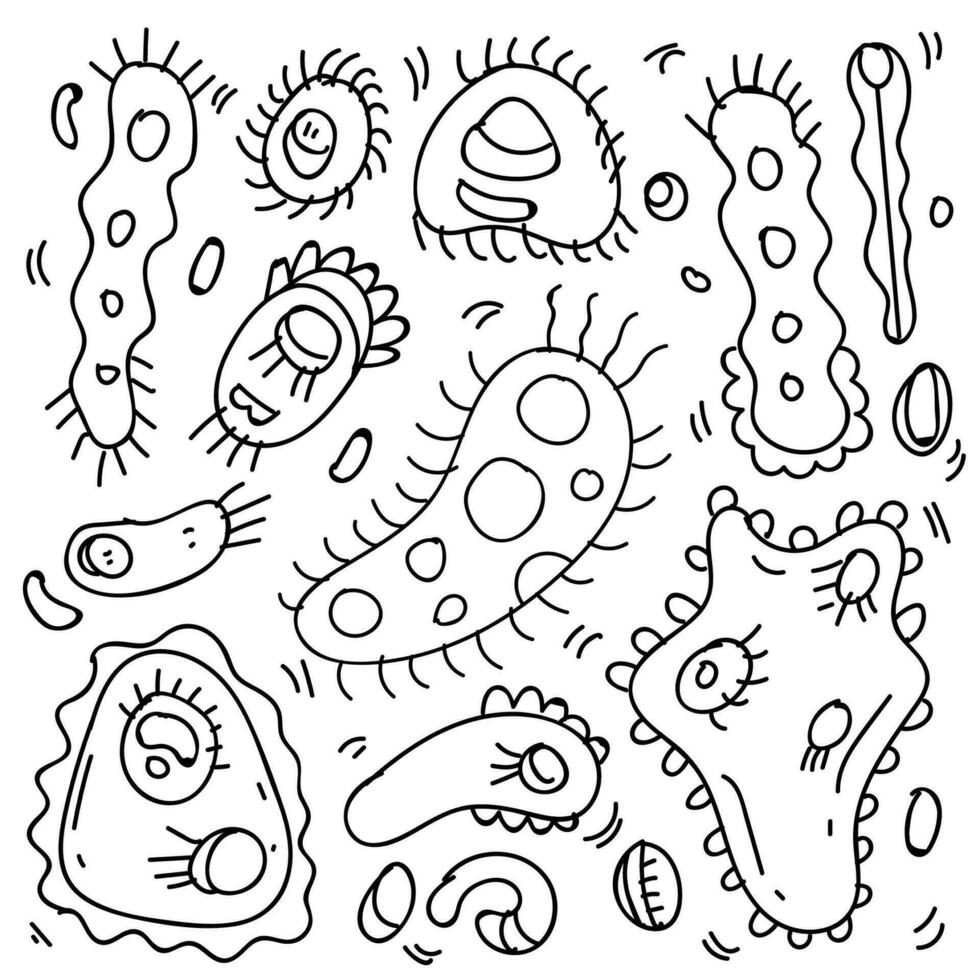 Doodle Bacteria And Virus Theme Doodle Collection In White Isolated Background, Hand-drawn Bacteria And Virus Theme. vector