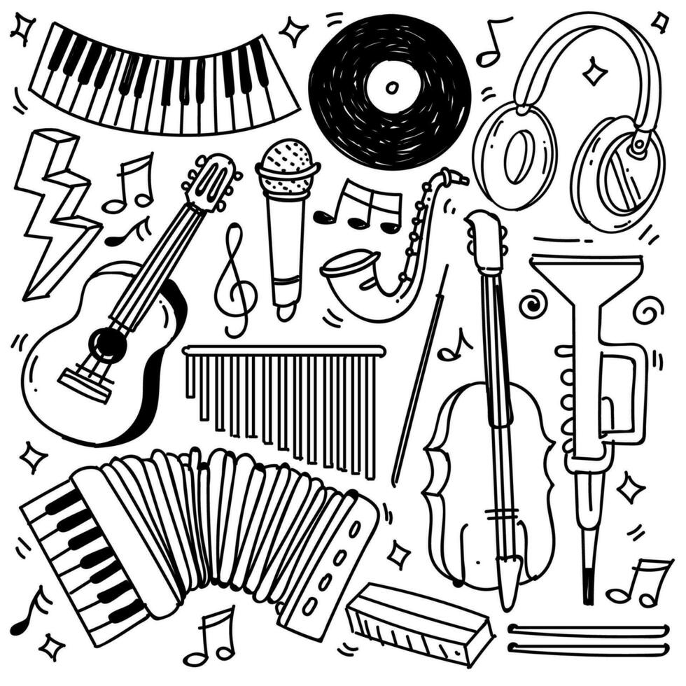 Set of hand drawn music theme isolated on white background, doodle set of Musical Instruments theme. Vector illustration