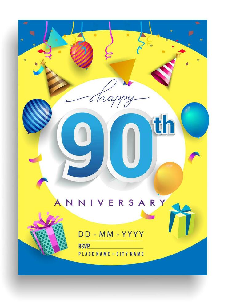 90 años aniversario invitación diseño, con regalo caja y globos, cinta, vistoso vector modelo elementos para cumpleaños celebracion fiesta.