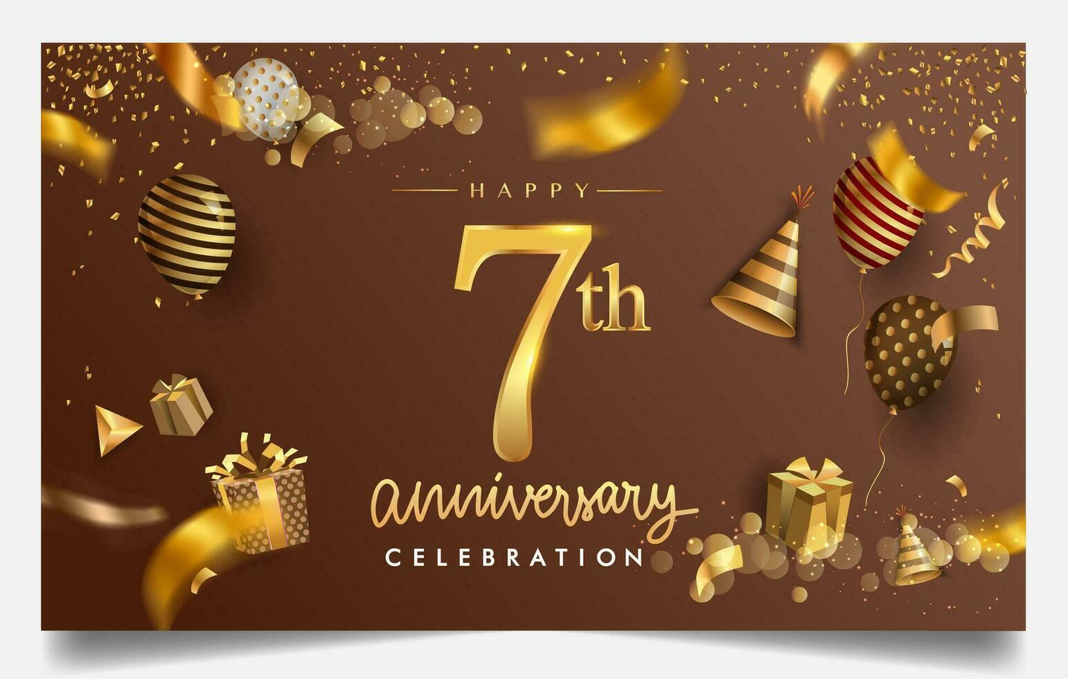 50th years anniversary design for greeting cards and invitation, with balloon, confetti and gift box, elegant design with gold and dark color, design template for birthday celebration. vector