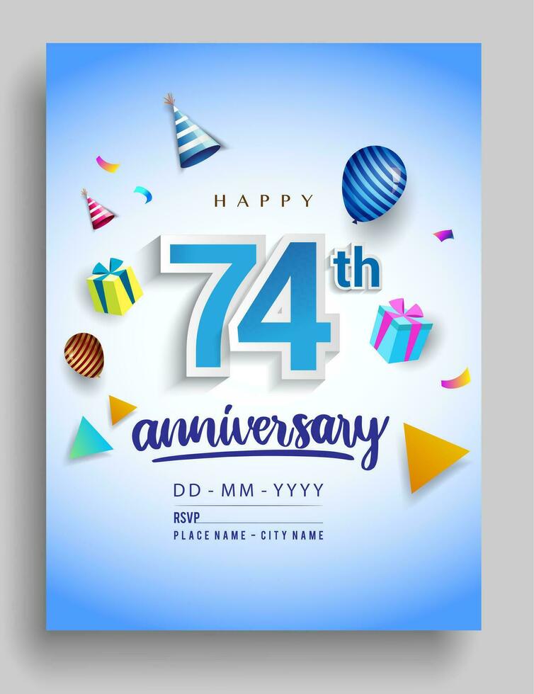 74th Years Anniversary invitation Design, with gift box and balloons, ribbon, Colorful Vector template elements for birthday celebration party.